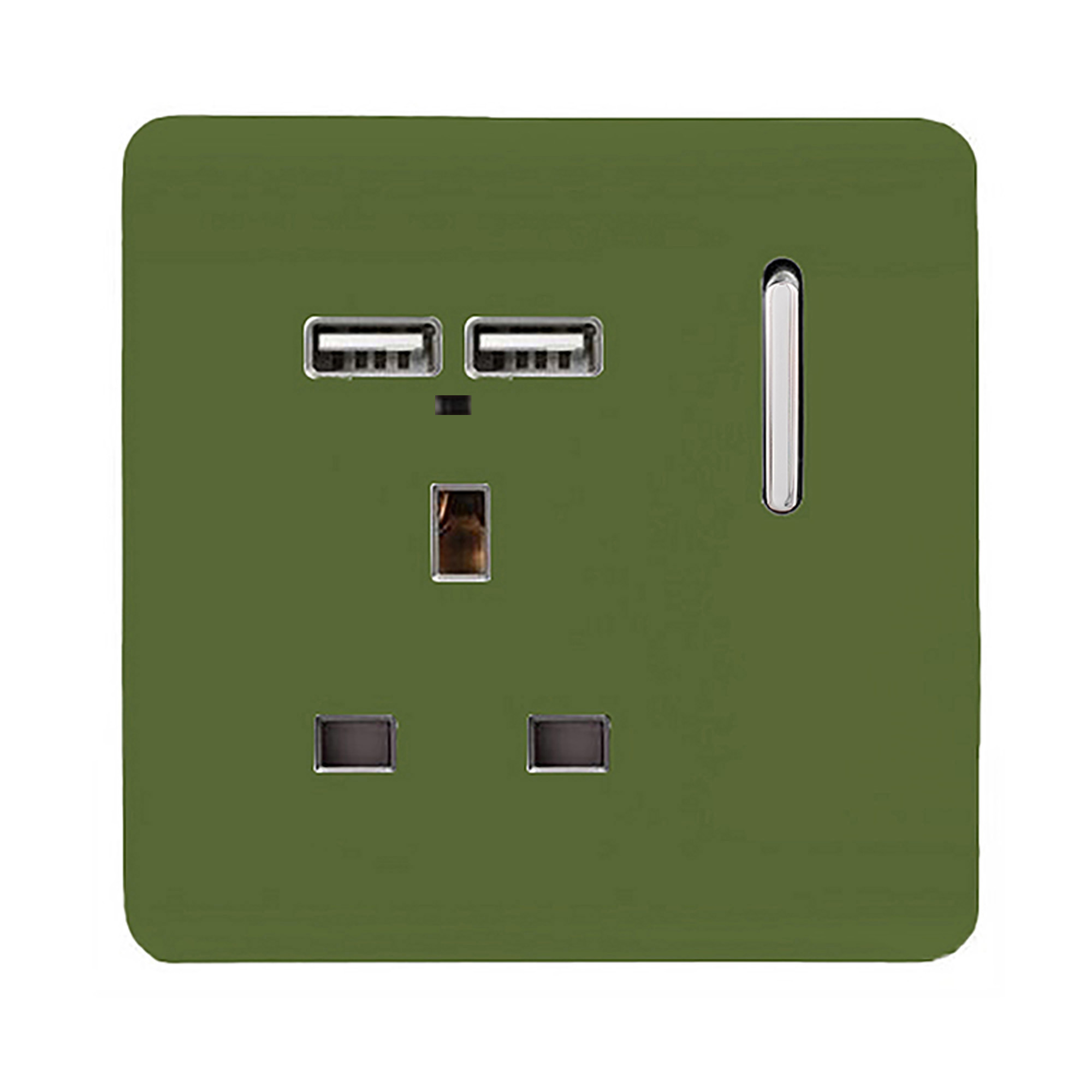 1 Gang Switched Single Socket 13A With 2 x USB-A 10W (Shared) With Neon Insert Moss Green